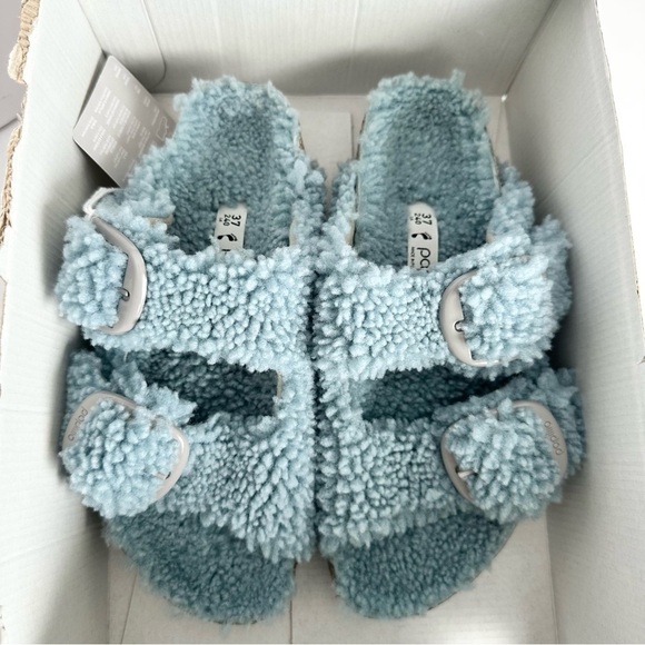 NWT Birkenstock Papillio Arizona Big Buckle Shearling fuzzy sandal blue 37/6 - Picture 16 of 16